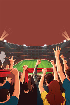 Crowd of excited fans cheering and raising hands in a crowded sports stadium during a big championship match.