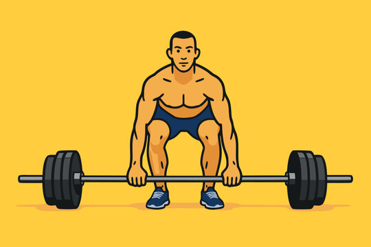 Strong male weightlifter performing a heavy deadlift exercise with a loaded barbell in a gym setting.