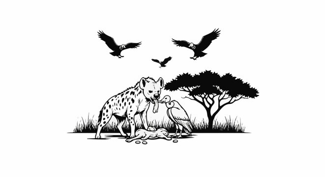Hyena and bird share prey near an acacia tree, while vultures circle above