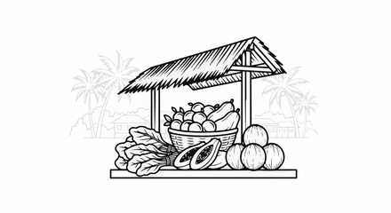 Naklejka premium Outdoor market stall with fresh produce and tropical background