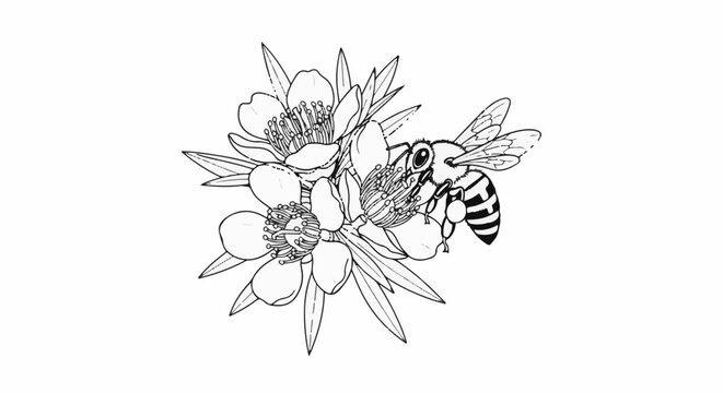 A black and white sketch of a bee collecting nectar from a blooming flower