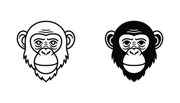 Chimpanzee monkey head mascot logo in detailed line art and bold black silhouette vector