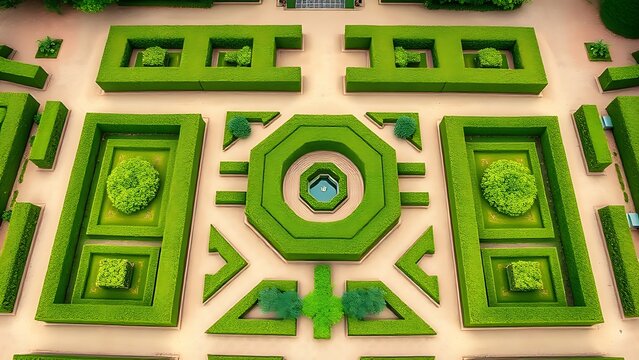Symmetrical French garden with trimmed hedges and geometric patterns, aerial view.