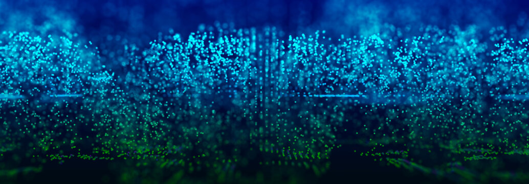Abstract matrix. Gradient halftone. Many green dots of different sizes on dark background. 3d