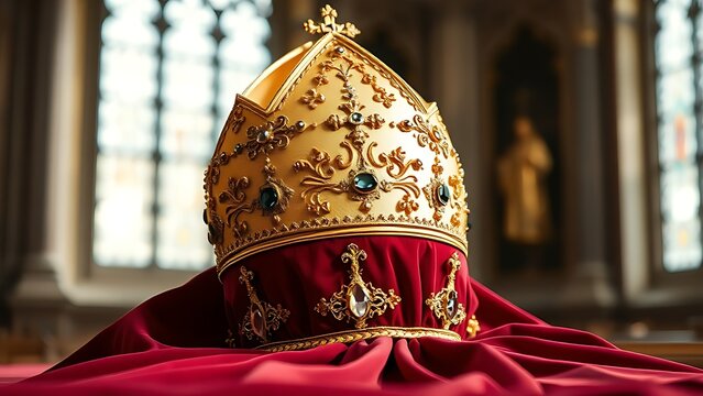 Ornate golden bishop's mitre with gemstones on velvet in cathedral light.