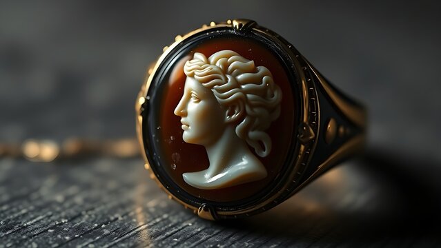 Classical onyx gemstone ring with an intricately carved Greek goddess intaglio.