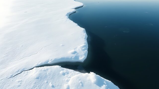 Mirror-like ice surface reflecting sky, dark water visible beneath crack.