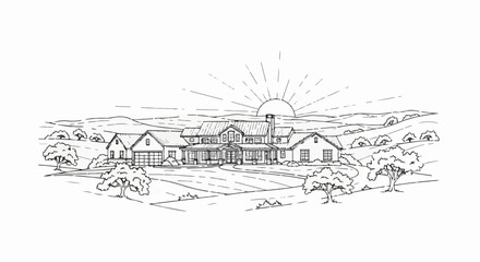 Fototapeta premium A large house on rolling hills with a sunrise in the background
