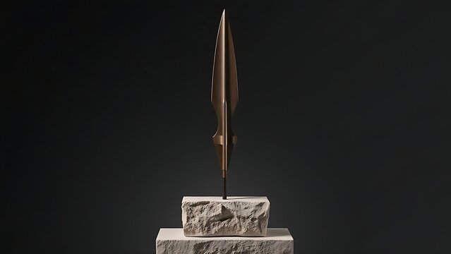 Geometric bronze spearhead sculpture mounted on rough stone plinth.