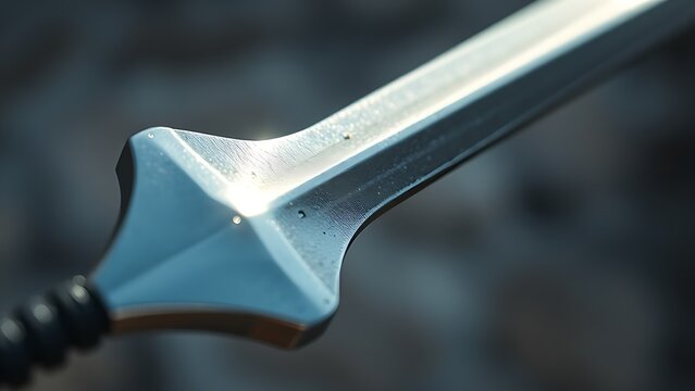 Close-up of medieval knight's lance metal spearhead reflecting cold sunlight.
