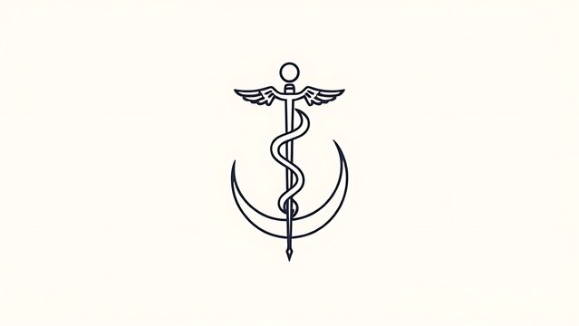 Minimalist emblem combining the Rod of Asclepius with a crescent moon.