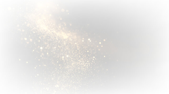 Sparkling golden particles swirl isolated on transparent background, with a gradual fade into white, light overlay, PNG
