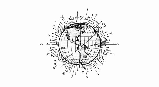 Stylized globe with radiating lines, dots, and binary code, suggesting global connectivity