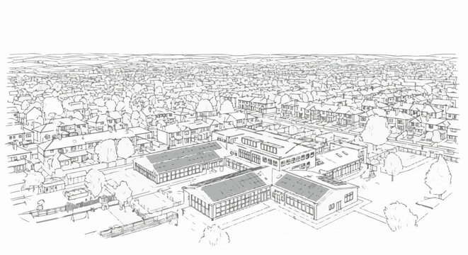 Aerial sketch of modern school buildings with solar panels amid residential houses