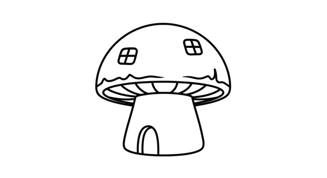 Whimsical Mushroom House Outline, Fairy Tale Dwelling, Fantasy Art, Cute Cartoon Style