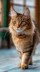 Fototapeta premium A beautiful cat with striking fur walks confidently across a sunlit floor. Its expressive eyes and fluffy coat capture the warmth of the home environment, creating a serene atmosphere
