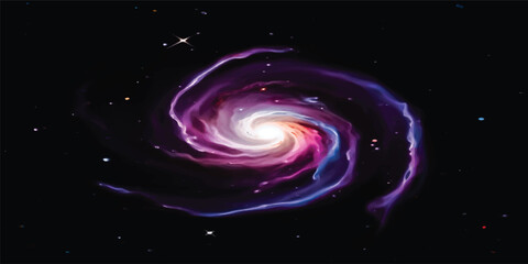 A vibrant digital art illustration of a spiral galaxy swirling in a purple and blue cosmic vortex, featuring a glowing energy pattern across a dark space backdrop © Midul