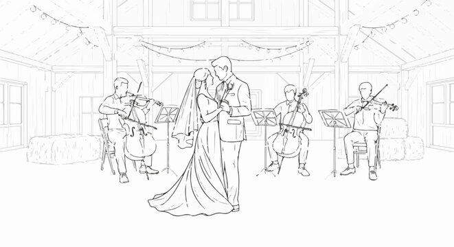 Couple dances in barn with string quartet and hay bales