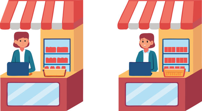Two shop stalls with a clerk and a customer holding a shopping bag on white background