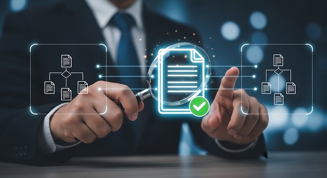 Digital document verification and approval workflow with data validation system, business process automation and secure information management concept