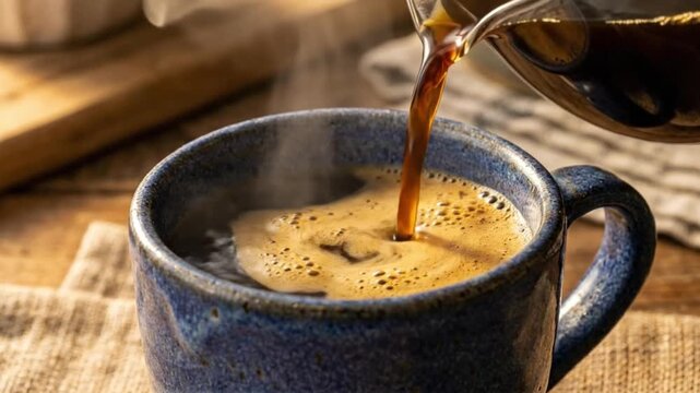 Pouring fresh brewed coffee cozy kitchen food photography warm environment close-up view aromatic experience