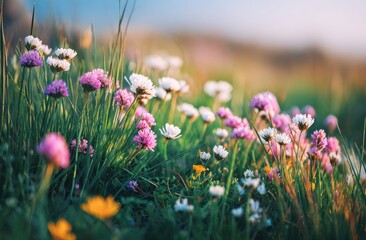 Obraz premium Soft focus meadow wildflowers in golden hour sunlight, delicate blooms glow