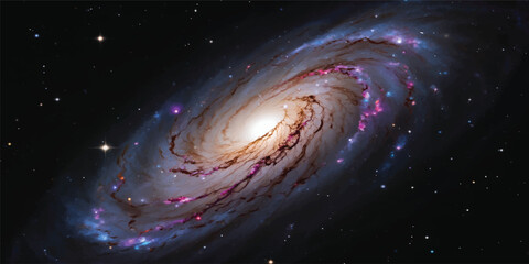 A glowing spiral galaxy shines with bright starlight and nebula clouds across the dark infinity of the cosmic universe © Midul