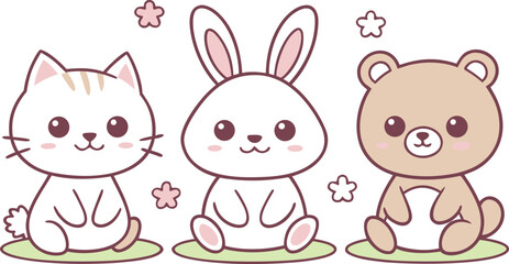 Obraz premium Cute cat, rabbit, and bear characters with flowers on a white background