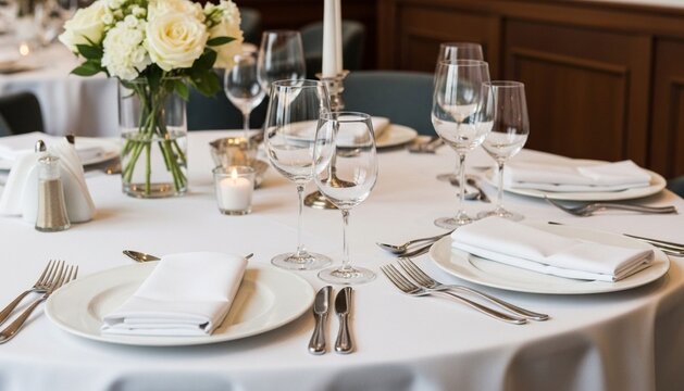 fine dining table setting of luxury fancy restaurant menu invitation card mockup for weddings and romantic eating event decoration as wide banner with empty black copy space