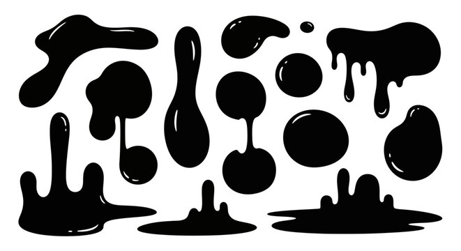 Set of Black Liquid Splats and Dripping Ink Blobs