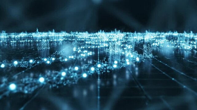 Digital network connection with glowing blue dots and lines showcasing futuristic technology, data communication, virtual digital brain neural network artificial intelligence innovation system concept