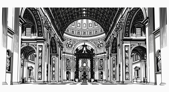 Grand interior of a vast cathedral with a prominent dome and altar