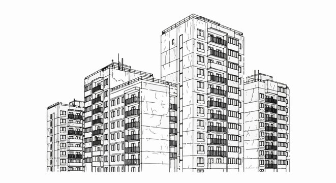 Sketch of multi-story apartment buildings with balconies against a white background