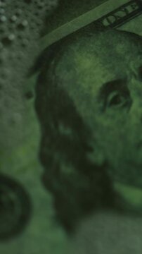Water, bubbles and money laundering with closeup for crime, tax evasion and terrorist funding. Cash, liquid and soap for dollars, notes and theft with fraud, corruption and scam at financial agency