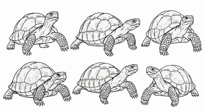 Six detailed line drawings of tortoises arranged in two rows of three