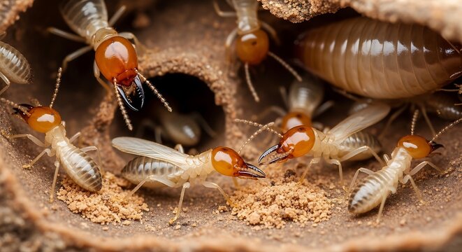 Close up of termites in their nest insect pest control concept