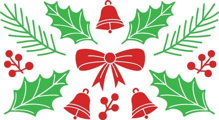 Christmas holiday decorative with holly, pine branches, bells, bow, and berry clusters © CDMIZAN