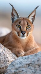 Obraz premium Nestled among warm stones, a caracal exudes quiet strength and elegance. Its striking amber eyes scan the landscape, capturing the essence of the wild in tranquil moments