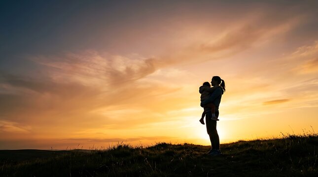 Silhouette of single parent holding child at sunset symbolizing strength resilience and unconditional love in family life