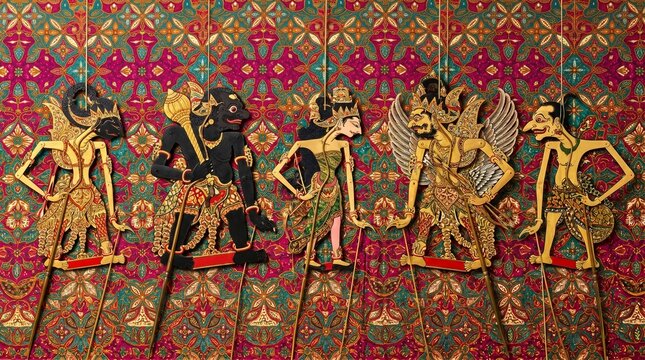 Row of Colorful Wayang Kulit Characters Hanging on Vibrant Batik Truntum Pattern Wall
