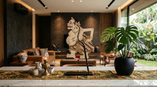 Wayang Semar Puppet Displayed on Marble Table in Contemporary Indonesian Interior Design