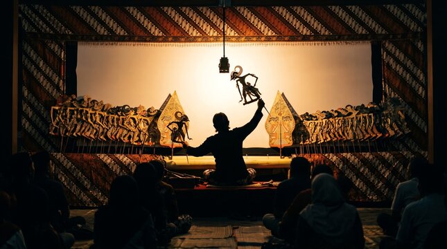 Dalang Puppeteer Silhouette Behind Glowing Screen with Batik Parang Border Frame