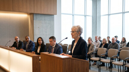 Elderly woman with hearing aids speaking confidently at a local council public forum at a municipal hall, microphone in hand, a row of counc