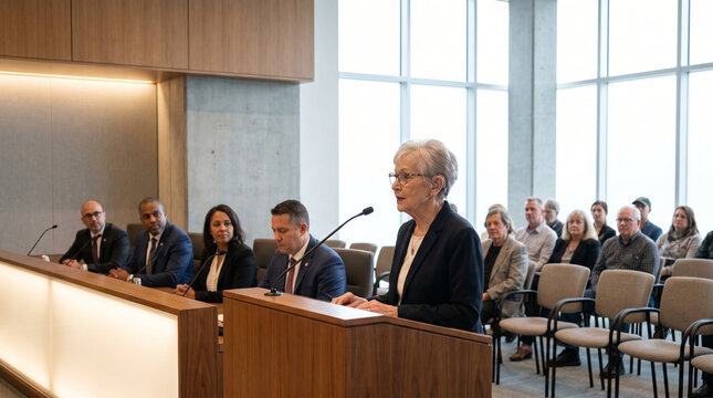 Elderly woman with hearing aids speaking confidently at a local council public forum at a municipal hall, microphone in hand, a row of counc