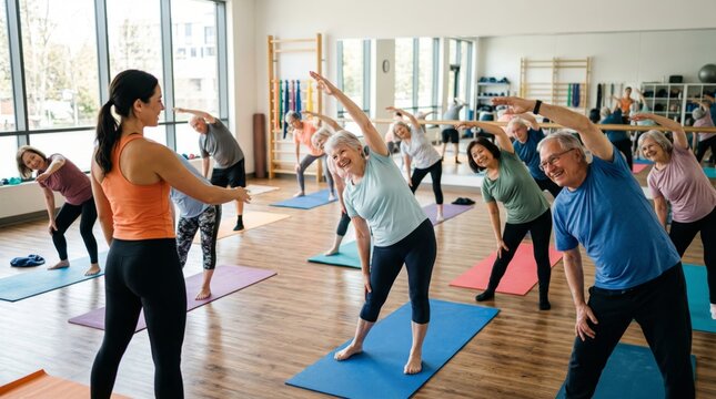 Woman instructor teaching yoga to a group of seniors in a fitness studio. Group of elderly people exercising on mats to improve balance and flexibility. Healthy lifestyle and wellness.