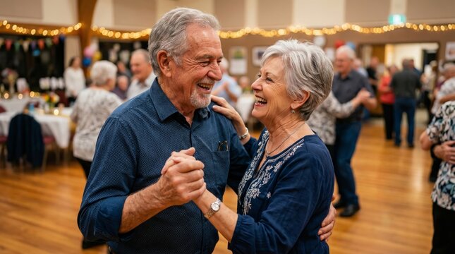 Senior man and senior woman dancing together at party. Happy elderly couple laughing during social event. Active retirement lifestyle, leisure activity and joy of aging concept.