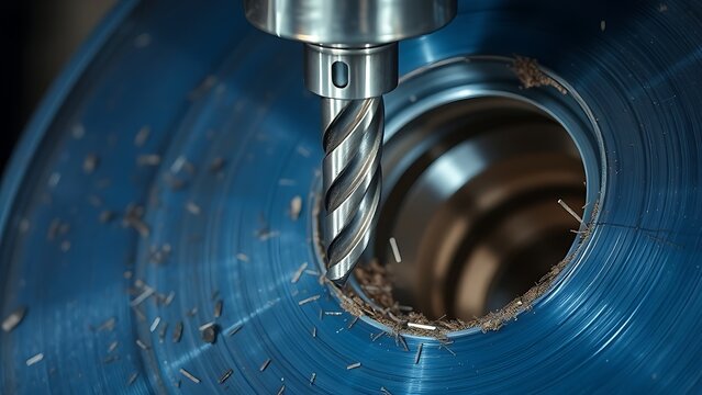 A shiny metal drill bit reaming a hole in thick blue steel.
