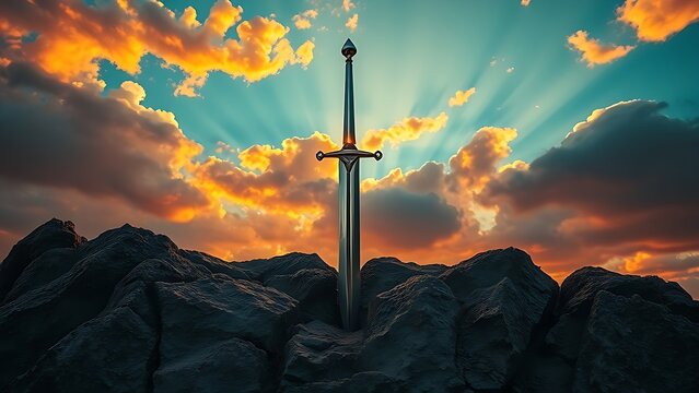 Knight's longsword thrust into craggy rock, dramatic sunset backlight, heroic.