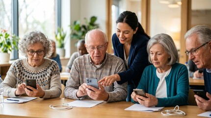 Obraz premium Young woman instructor helping senior man use smartphone. Seniors attending digital literacy class and learning mobile technology skills. Older people education and digital inclusion concept.
