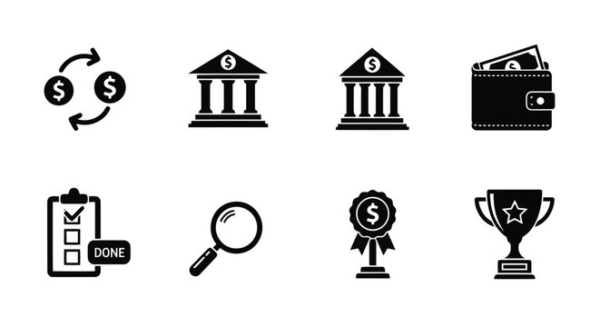 Professional set of financial and management vector icons including currency exchange bank buildings wallet cash magnifying glass checklist and award trophy.